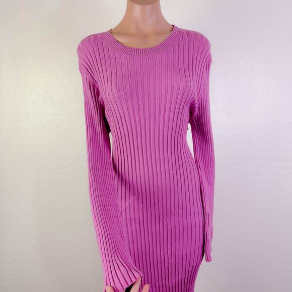 Stitchdrop Crew Neck Rib Knit Long Sleeve Bodycon Midi Sweater Dress Pink L NWT - Picture 2 of 11